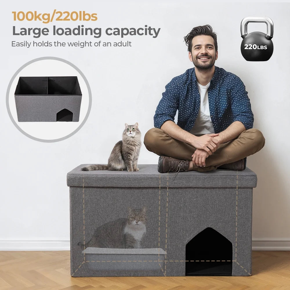 Cat Litter Box Enclosure Hidden Furniture,  Foldable Cat Washroom Bench with Storage Space, Large Cabinet Cats Litter Ottoman for Odor Control, Dog Poof