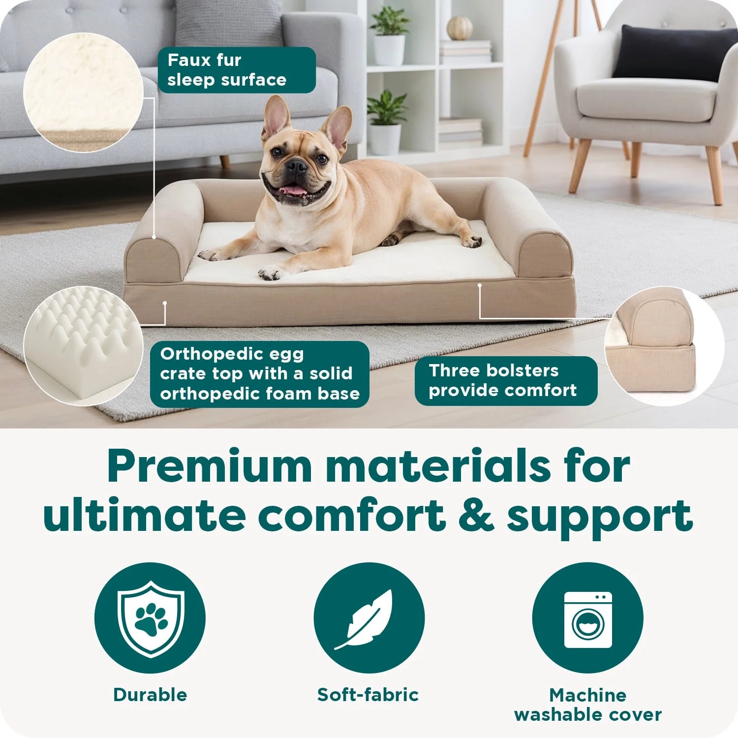 Pet Products Medium Plush & Performance Linen Orthopedic Sofa Dog Bed, Flax