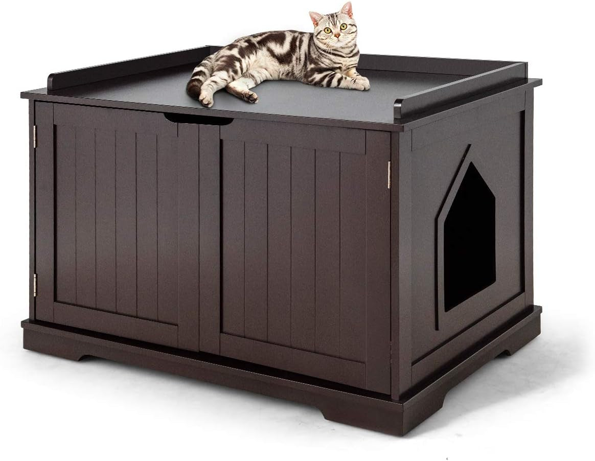 Litter Box Enclosure, Cat Litter Box Furniture Hidden, Nightstand Pet House with Double Doors, Indoor Decorative Box Cabinet, Large Cat Washroom Storage Bench