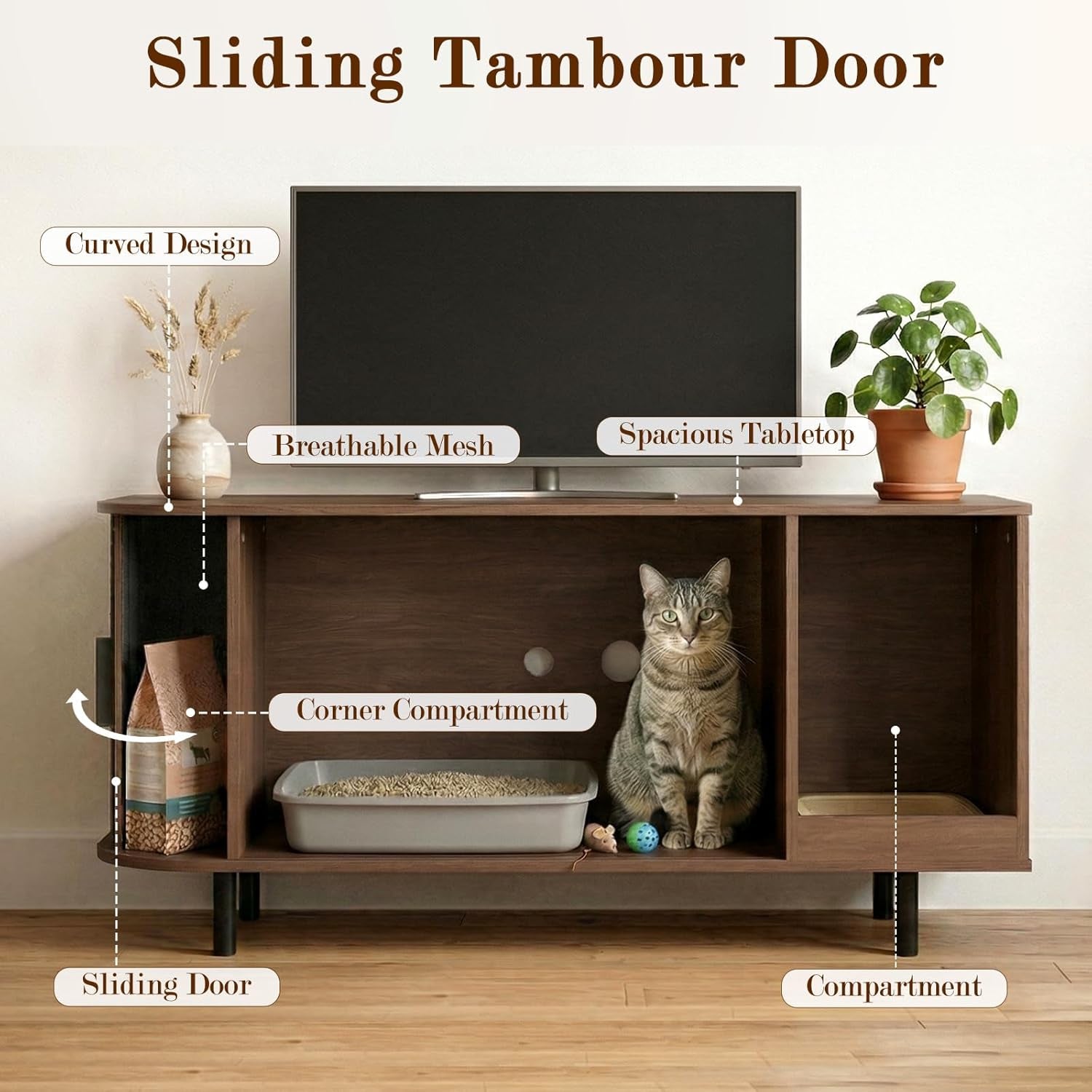 Cat Litter Box Enclosure Furniture with Scratching Pad & Sliding Door, 37.4" Hidden Litter Box Cabinet, Modern Indoor Cat House, TV Stand or Side Table for Living Room (Walnut)