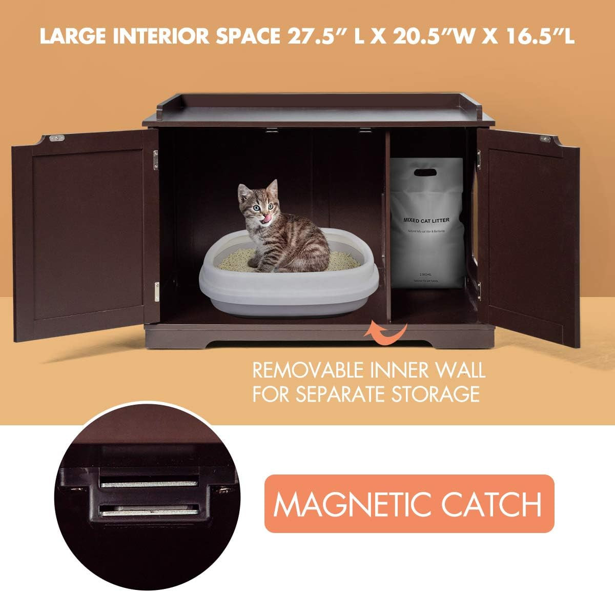 Litter Box Enclosure, Cat Litter Box Furniture Hidden, Nightstand Pet House with Double Doors, Indoor Decorative Box Cabinet, Large Cat Washroom Storage Bench
