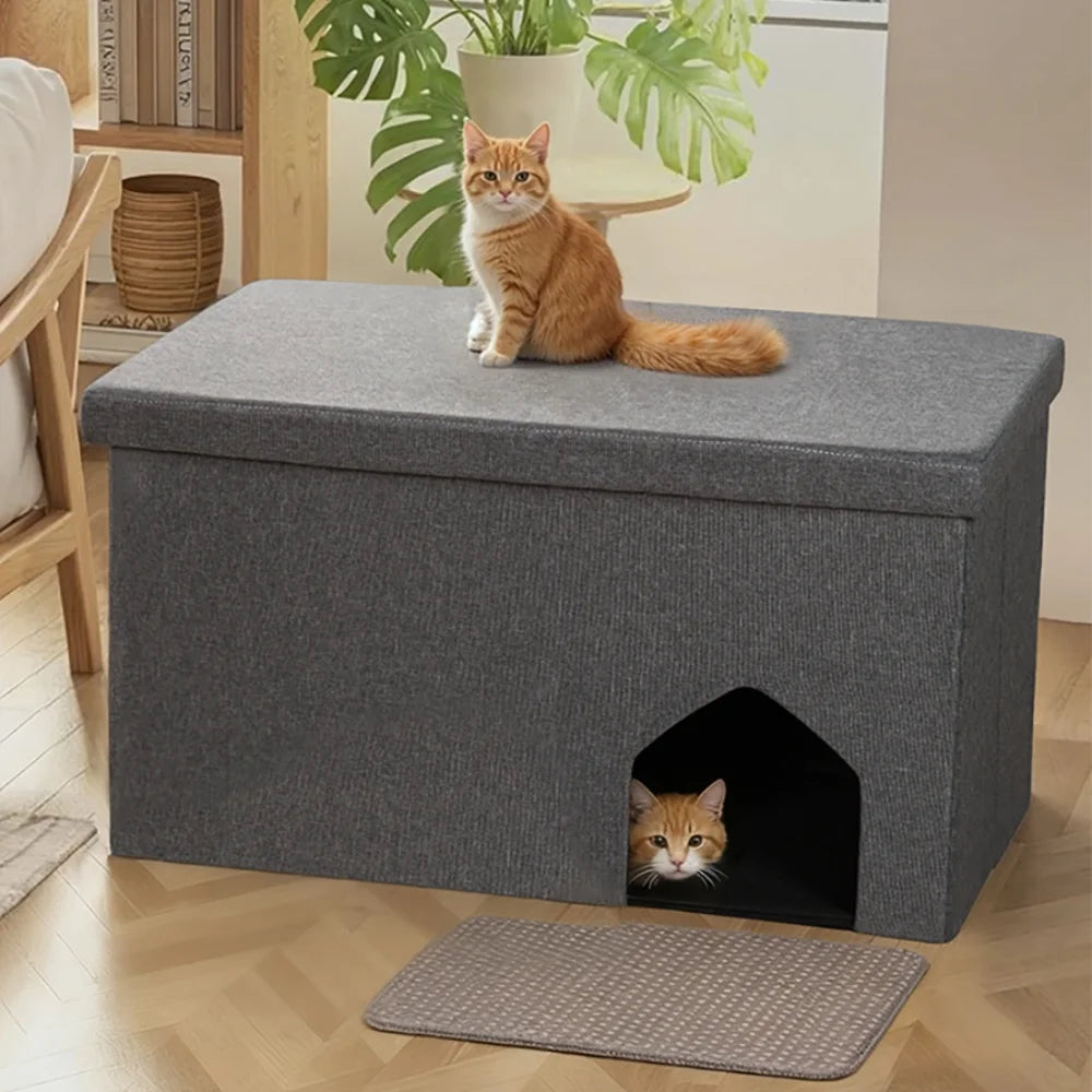 Cat Litter Box Enclosure Hidden Furniture,  Foldable Cat Washroom Bench with Storage Space, Large Cabinet Cats Litter Ottoman for Odor Control, Dog Poof