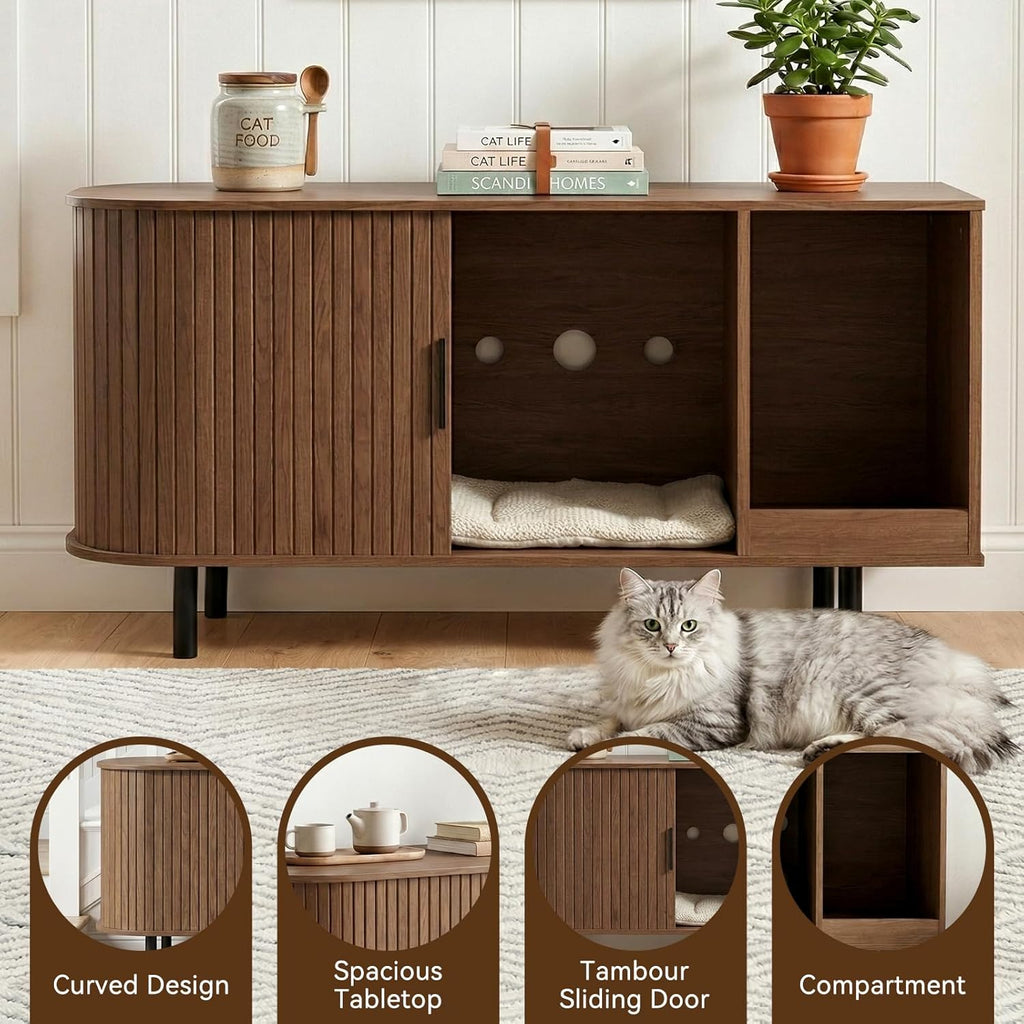 Cat Litter Box Enclosure Furniture with Scratching Pad & Sliding Door, 37.4" Hidden Litter Box Cabinet, Modern Indoor Cat House, TV Stand or Side Table for Living Room (Walnut)