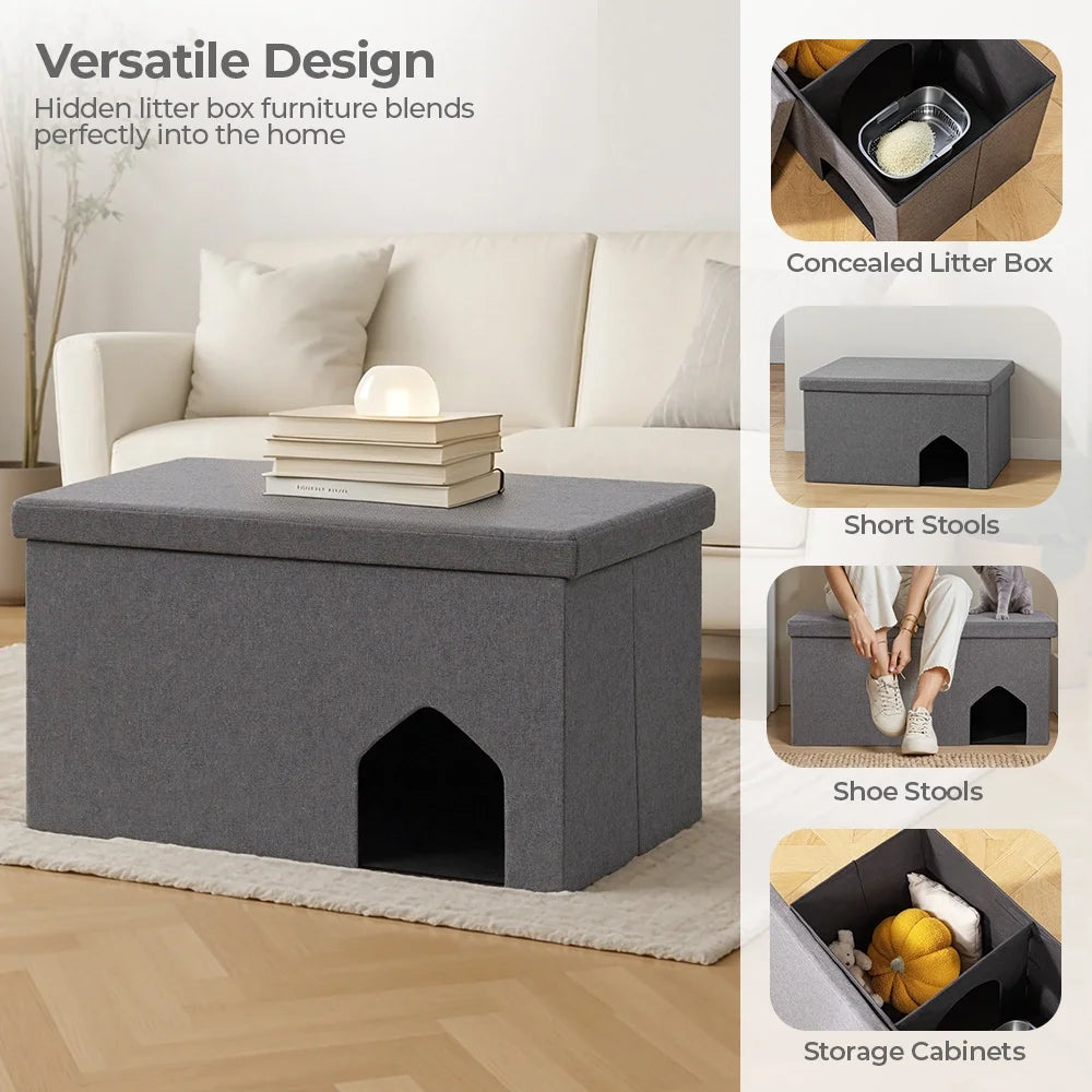 Cat Litter Box Enclosure Hidden Furniture,  Foldable Cat Washroom Bench with Storage Space, Large Cabinet Cats Litter Ottoman for Odor Control, Dog Poof