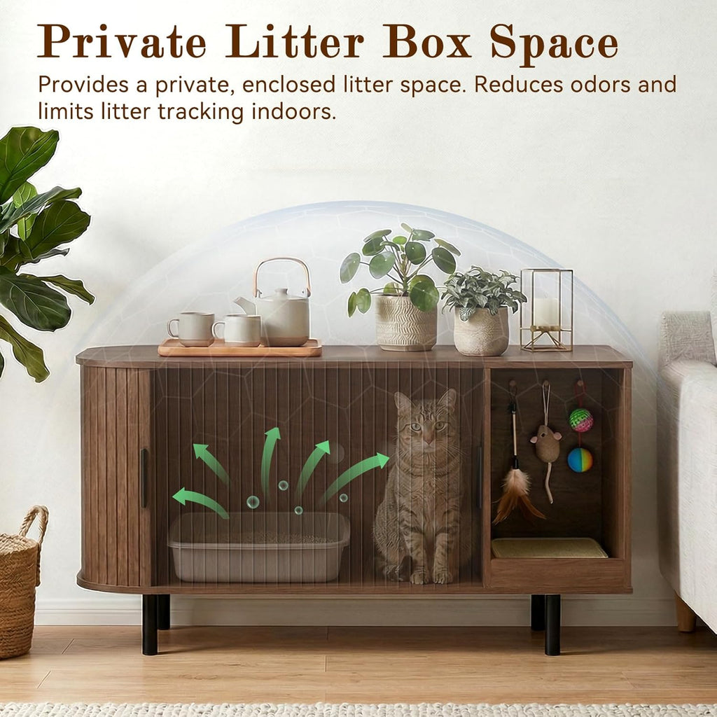 Cat Litter Box Enclosure Furniture with Scratching Pad & Sliding Door, 37.4" Hidden Litter Box Cabinet, Modern Indoor Cat House, TV Stand or Side Table for Living Room (Walnut)