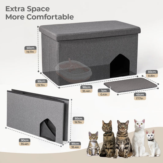 Cat Litter Box Enclosure Hidden Furniture,  Foldable Cat Washroom Bench with Storage Space, Large Cabinet Cats Litter Ottoman for Odor Control, Dog Poof
