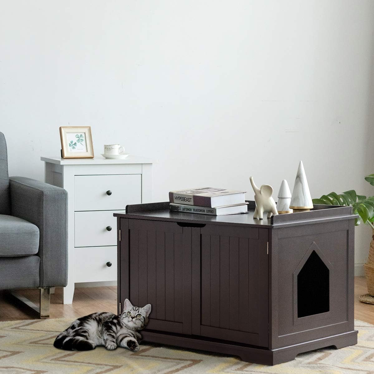 Litter Box Enclosure, Cat Litter Box Furniture Hidden, Nightstand Pet House with Double Doors, Indoor Decorative Box Cabinet, Large Cat Washroom Storage Bench