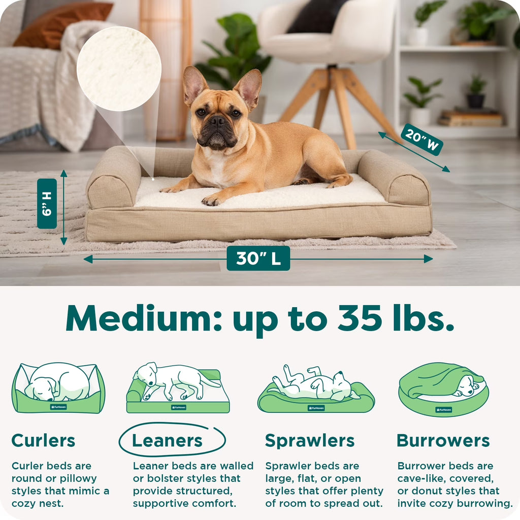 Pet Products Medium Plush & Performance Linen Orthopedic Sofa Dog Bed, Flax