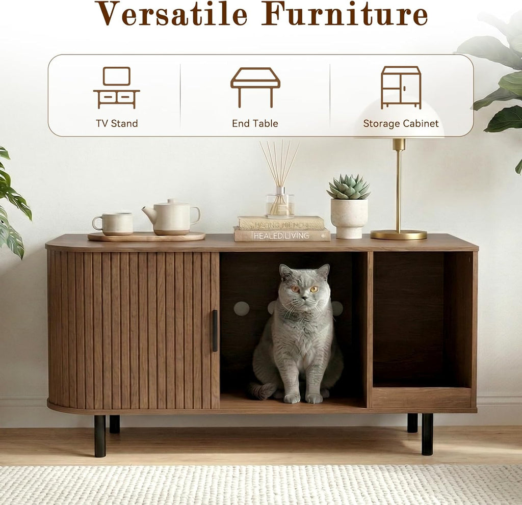 Cat Litter Box Enclosure Furniture with Scratching Pad & Sliding Door, 37.4" Hidden Litter Box Cabinet, Modern Indoor Cat House, TV Stand or Side Table for Living Room (Walnut)