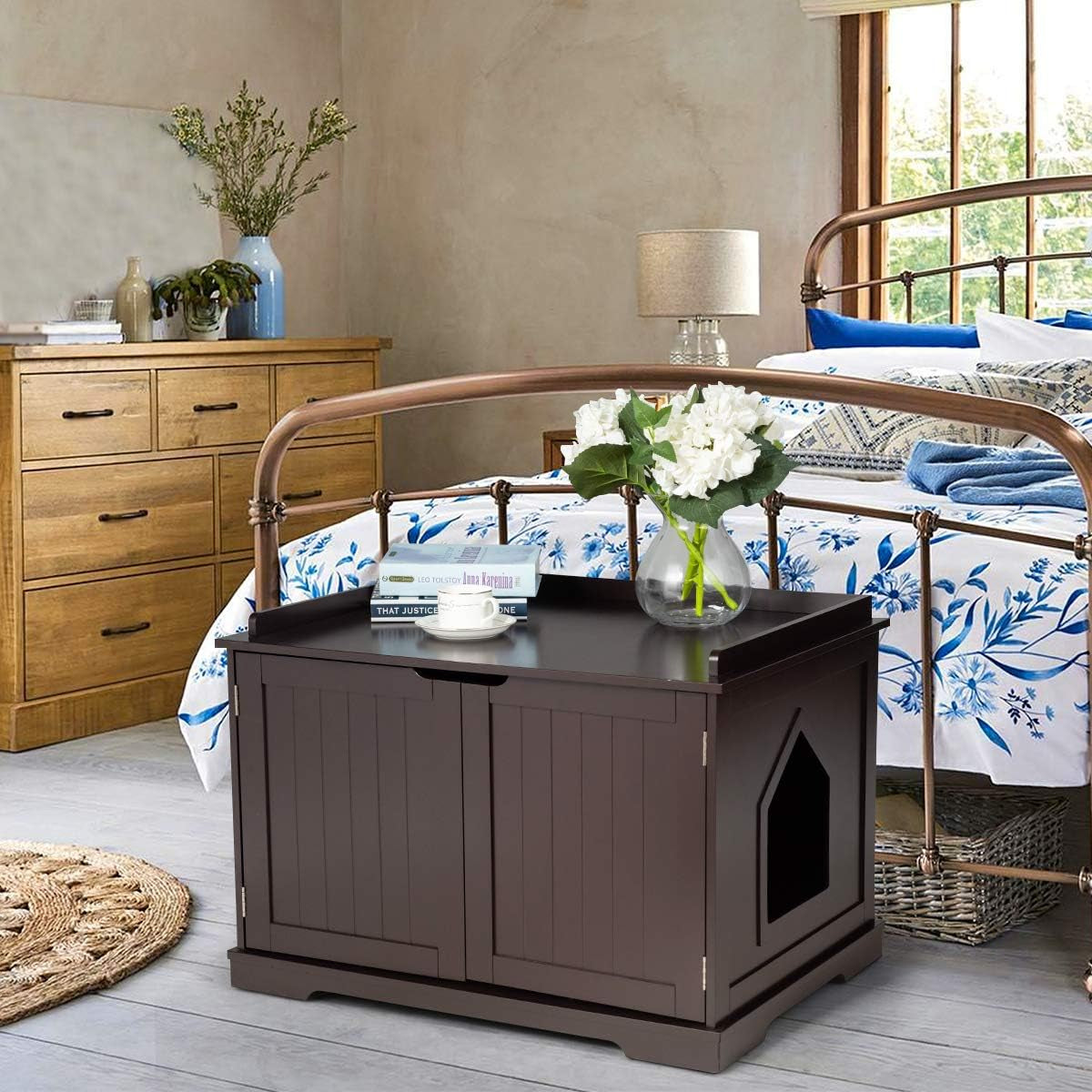 Litter Box Enclosure, Cat Litter Box Furniture Hidden, Nightstand Pet House with Double Doors, Indoor Decorative Box Cabinet, Large Cat Washroom Storage Bench