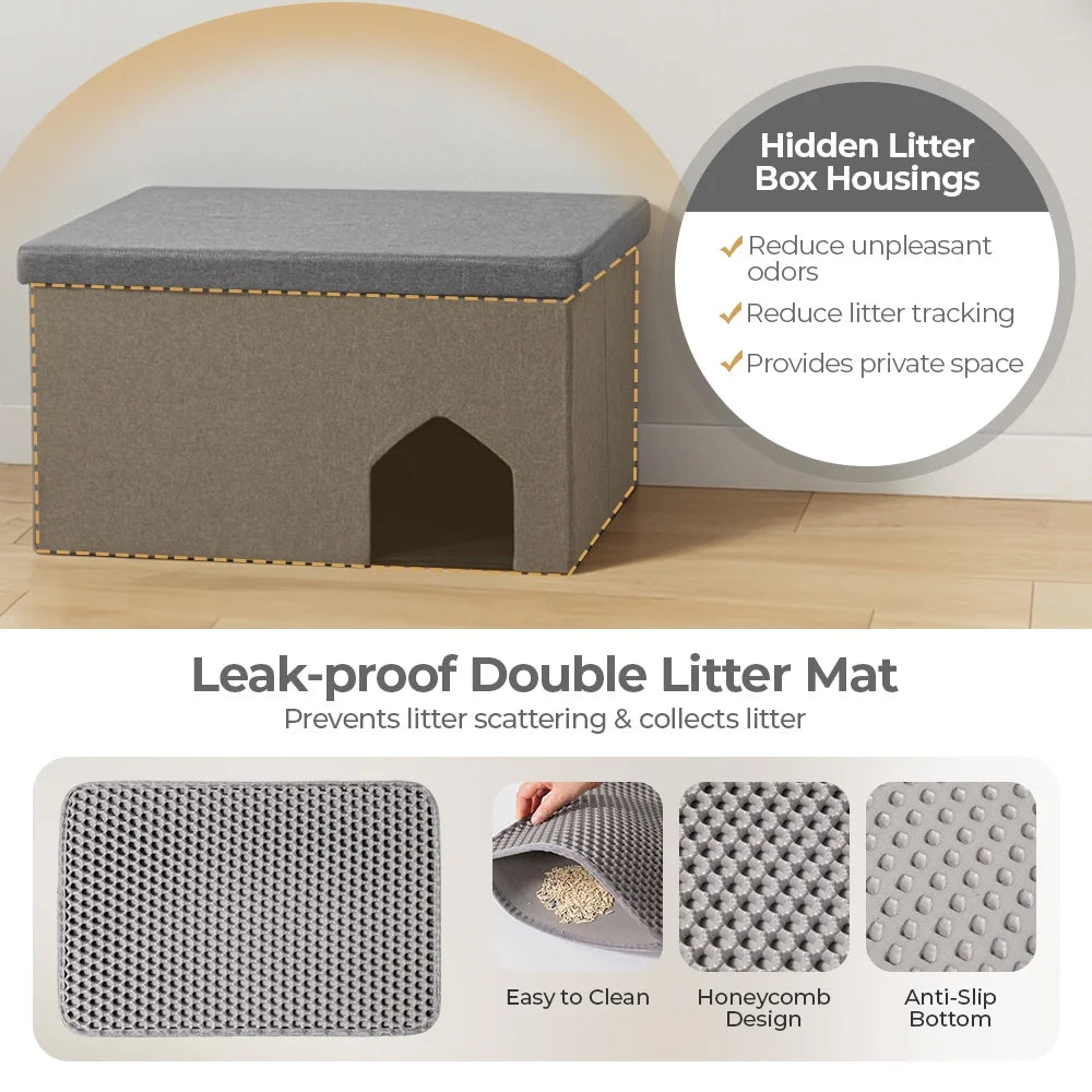Cat Litter Box Enclosure Hidden Furniture,  Foldable Cat Washroom Bench with Storage Space, Large Cabinet Cats Litter Ottoman for Odor Control, Dog Poof