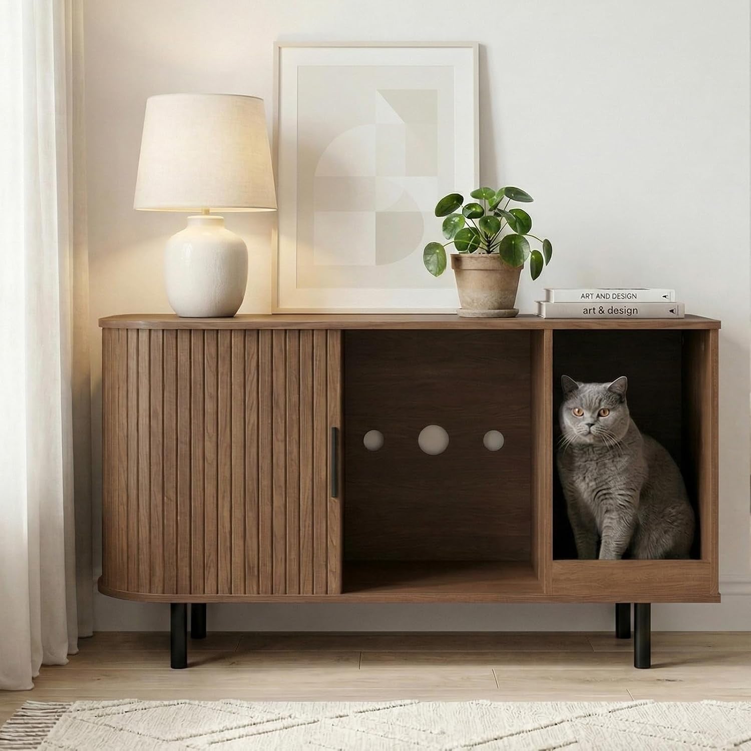 Cat Litter Box Enclosure Furniture with Scratching Pad & Sliding Door, 37.4" Hidden Litter Box Cabinet, Modern Indoor Cat House, TV Stand or Side Table for Living Room (Walnut)