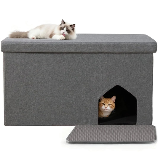 Cat Litter Box Enclosure Hidden Furniture,  Foldable Cat Washroom Bench with Storage Space, Large Cabinet Cats Litter Ottoman for Odor Control, Dog Poof